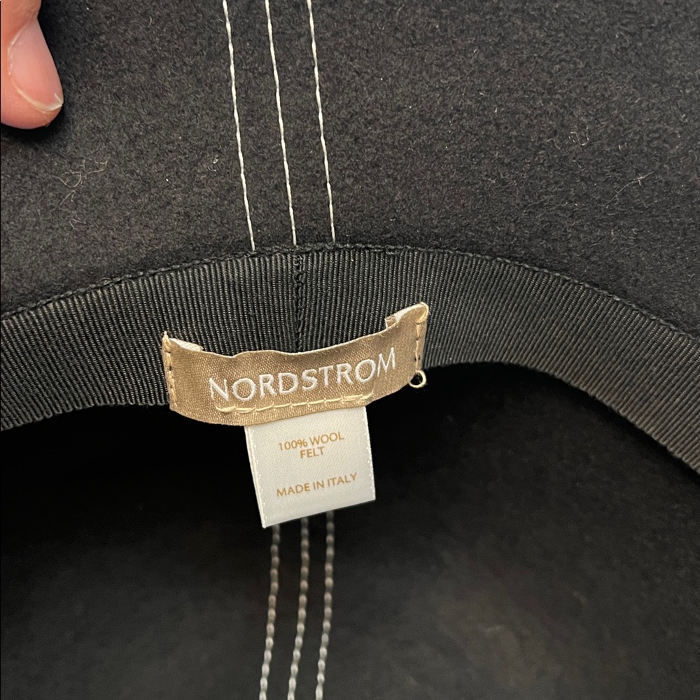 NORDSTROM BLACK WOOL WHITE STITCHING BOW FRONT CLOCHE WOMENS HAT - Picture 7 of 12